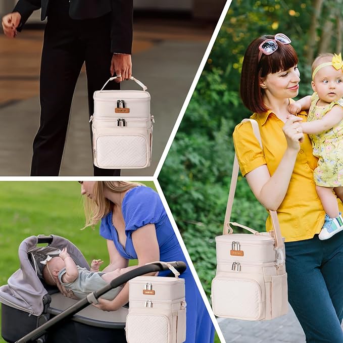 Insulated Breastmilk Cooler Bag with Ice Pack - Holds 6x9oz Bottles, Leakproof Double Layer, Adjustable Strap for Nursing Moms, Daycare & Travel,Pearl White-BubblyBeeBaby