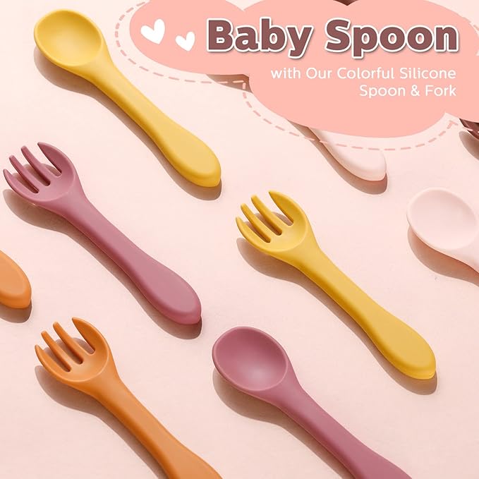 10 Pieces Baby Led Weaning Spoons and Forks Set Infant Silicone Spoon First Self Feed Baby training Utensils for Toddler First Stage Feeding Supplies for Kids Over 6 Months, 5 Pairs (Bright Colors)-BubblyBeeBaby