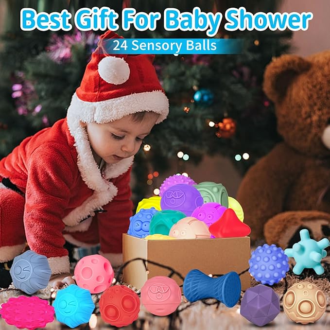 24 Pcs Sensory Balls for Toddlers, Sensory Baby Toys, Montessori Toy for Babies Squeeze, Infant Toys Soft Multi Ball Set Gifts with Bright Color Textured-BubblyBeeBaby