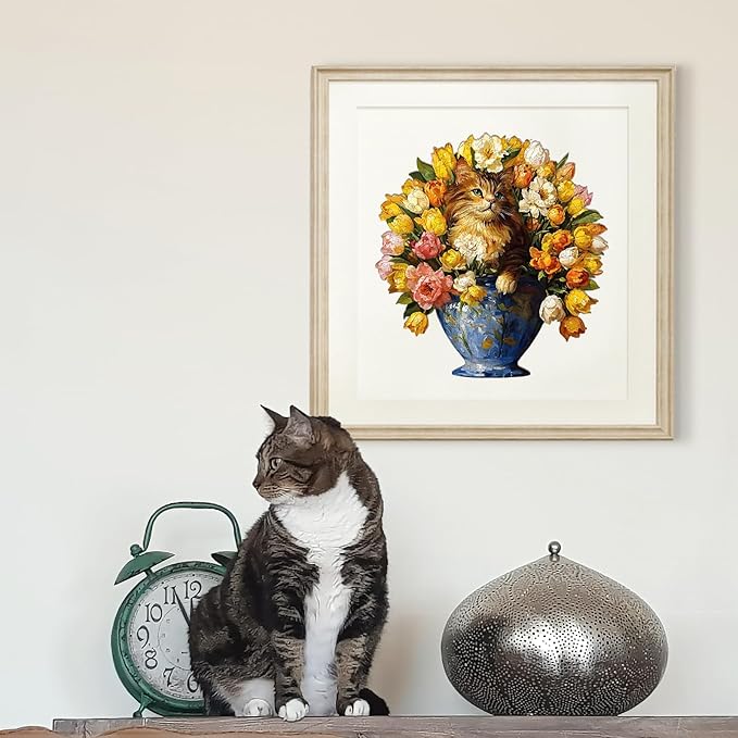 Jigfoxy Wooden Puzzles for Adults, The Vase Cat Wood Puzzles Adult, Unique Animal Shape Wooden Jigsaw Puzzles for Adults, Birthday Gifts for Puzzle Lovers, Family, Friend (S-7.4 * 7.7in-86pcs)-BubblyBeeBaby