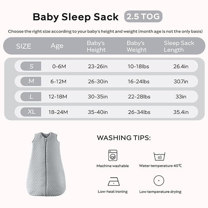 JELLYMONI Baby Sleep Sack TOG 2.5, 18-24 Months Winter Baby Wearable Blanket, 100% Cotton Infant Sleeping Sack 2-Way Zipper Warm Quilted Sleepsack-BubblyBeeBaby