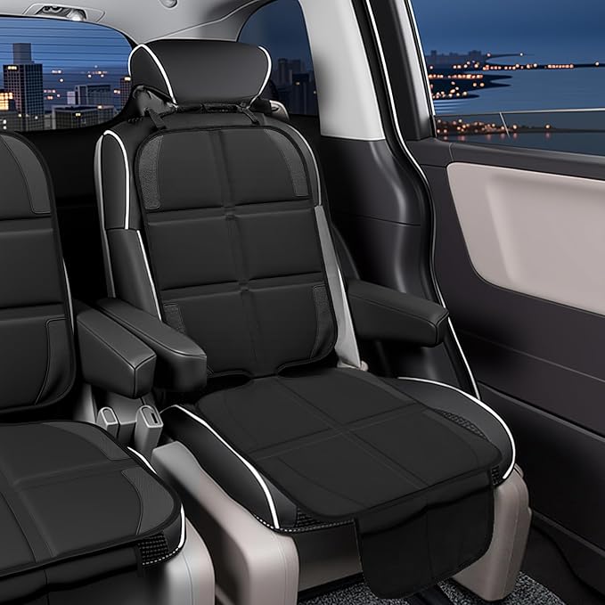 Car Seat Protector, 2 Pack Baby CarSeat Protector with Mesh Pockets & Non-Slip Backing 600D Durable Seat Cover Under Baby Child Car Seat, (Black, Standard)-BubblyBeeBaby