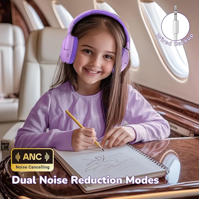 iClever BTH20 Active Noise Cancelling Headphones for Kids, 60H Play Time,Type C Fast Charging,Safe Volume 80dBA,Bluetooth5.4,Award-Winning Kids Headphones Wireless for iPad Tablet Airplane,Purple-BubblyBeeBaby