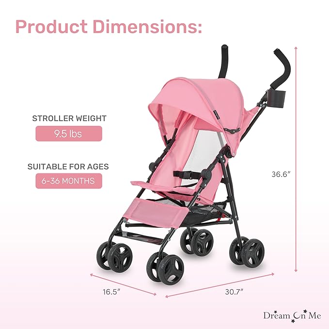 Dream On Me Rover Convenience Baby Stroller in Pink, Lightweight & Compact Umbrella Stroller, Easy one-Hand fold Travel Stroller, Lockable Rear Wheels, Removable & Adjustable Canopy-BubblyBeeBaby