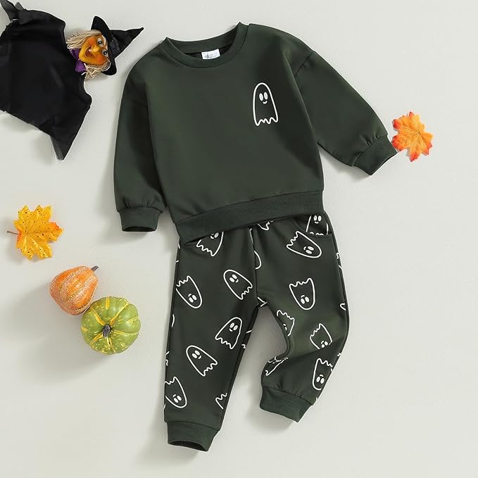 0-4T Toddler Boy Girl Halloween Outfit Fall Clothes Ghost Long Sleeve Sweatshirt Top Pants Baby Halloween Clothes-BubblyBeeBaby