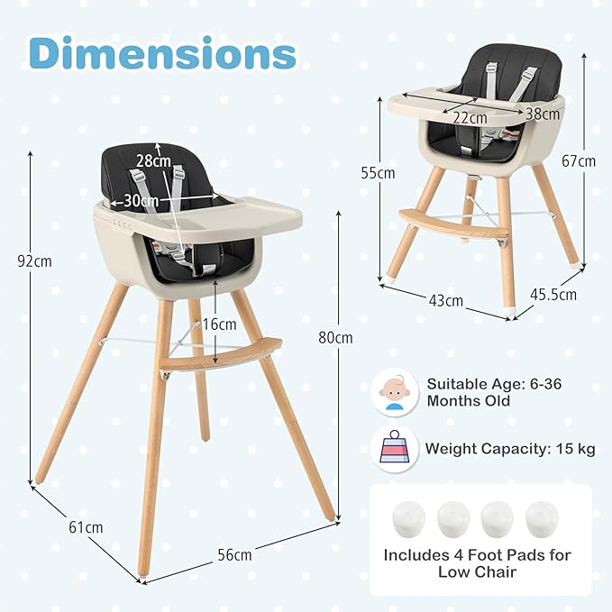 HONEY JOY Baby High Chair, 6-in-1 Eat & Grow Wooden Highchair/Toddler Chair with Removable Tray, 5-Point Harness, PU Cushion and Footrest, Convertible High Chair for Babies and Toddlers(Black)-BubblyBeeBaby