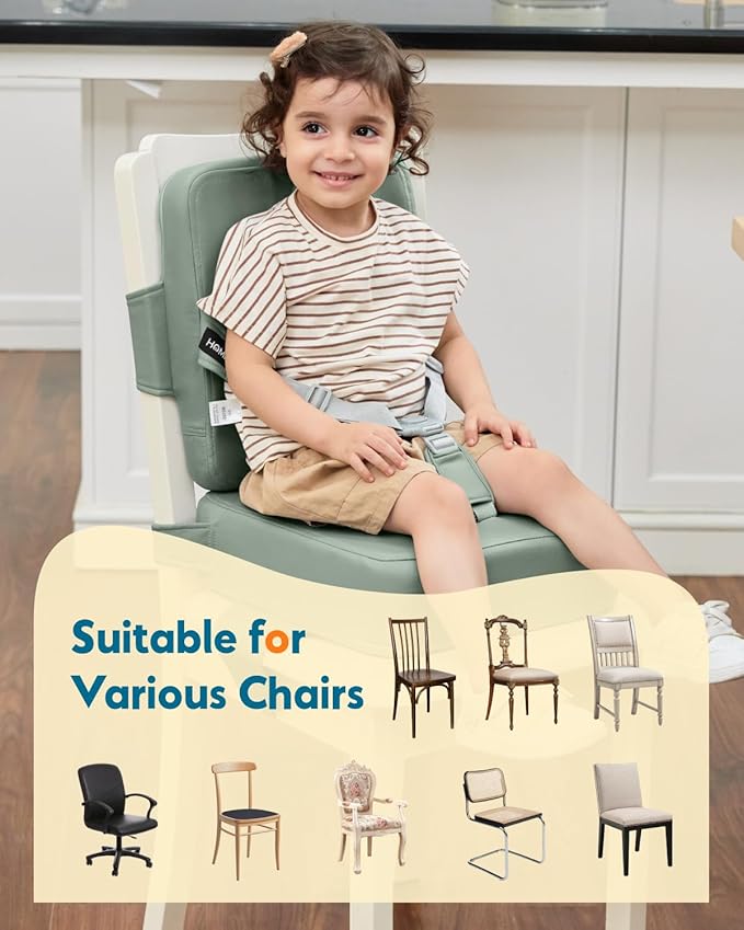 HOMEAL Toddler Booster Seat for Dining Table - Booster Seat for Kitchen Chair with Easy-Install Straps - Wipeable Surface & Removable Cover Easy to Clean -Breathable Fabric - Sage-BubblyBeeBaby