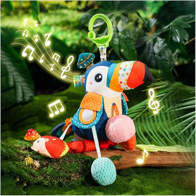 Jollybaby Musical Activity Pull String Hanging Toy for Baby Stroller Car Seat Crib Play Gym, Plush Stuffed Toucan Toy for Carseat with Music Teether Rattles, Sensory Toy for Baby Gift-BubblyBeeBaby