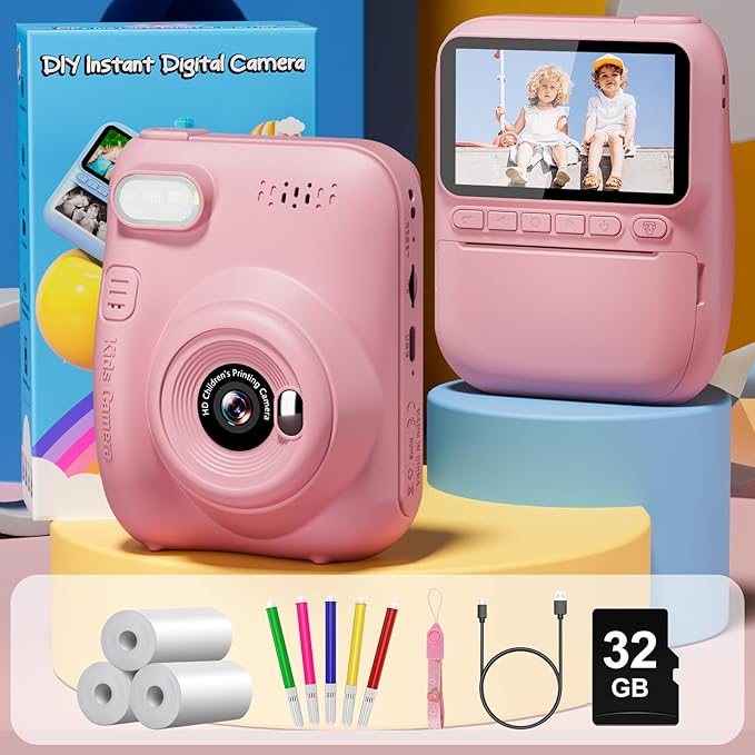 Instant Print Camera for Kids, 3.0" HD 32MP Kids Camera 1080P with 3 Rolls of Printer Paper, Birthday Gifts Toy for 3-12 Year Old Girls Boys with 32GB SD Card-Pink-BubblyBeeBaby