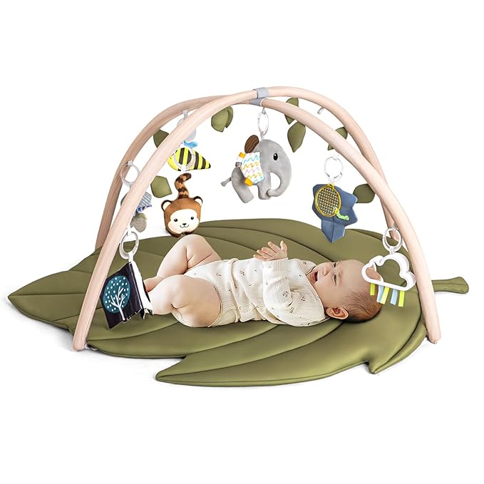 Infant Activity Center for Newborn to Develop Motor Cognition Leaves Leaf-Shaped Baby Play Gym & Activity Mat Extra Large Tummy Time Mat with 8 Detachable Toys-BubblyBeeBaby
