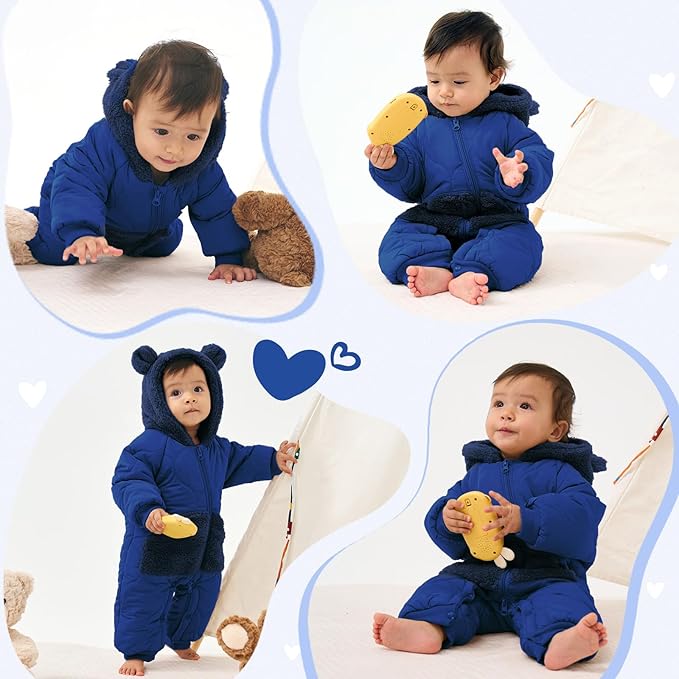 JiAmy Baby Snowsuit Newborn Winter Clothes Coat Romper Windproof Fleece Hat Zipper Baby Bear Outfit-BubblyBeeBaby
