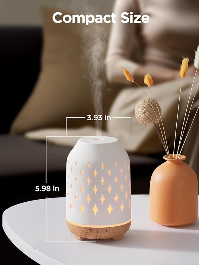 InnoGear Aromatherapy Diffuser, 150ml Ceramic Diffuser Ultrasonic Humidifier Cool Mist Essential Oil Diffusers for Home Air Diffuser with 2 Mist Modes Waterless Auto Off, White-BubblyBeeBaby