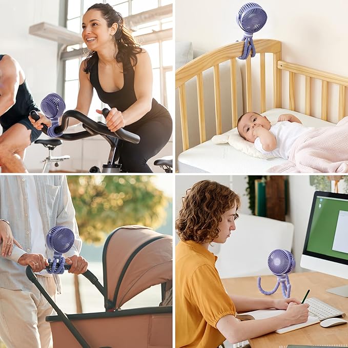 Momcozy Portable Stroller Fan, 8000mAh, 27H Ultra-long Battery Life, Detachable 4 Speed 360°Rotate, LED Night Light with 2 Modes, USB Rechargeable Handheld Cooling Fan for Travel, Car Seat, Bedroom-BubblyBeeBaby