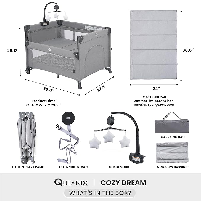 2-in-1 Baby Playard, Pack and Play Bassinet, Easy Folding Portable Crib with Music Mobile for Newborn to Toddlers (Grey)-BubblyBeeBaby