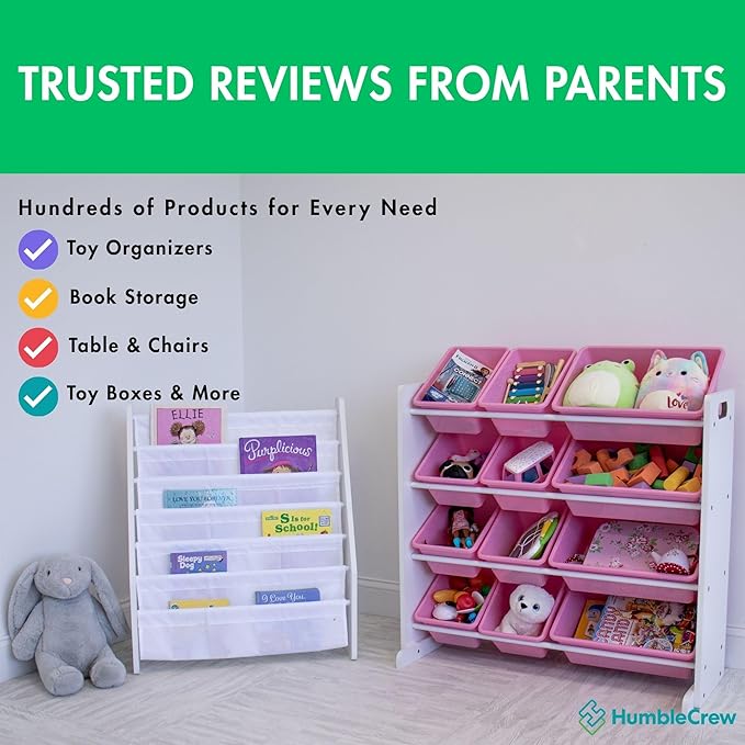 Humble Crew Kids Toy Storage Organizer with 12 Plastic Bins, White/Pink – Removable Bins for Playroom, Bedroom, Toddler Furniture for Boys and Girls Ages-BubblyBeeBaby