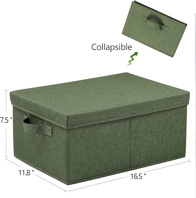 HOONEX Storage Bins with Lids for Organizing, Pack of 2, Storage Boxes with 2 Carrying Handles and Sturdy Heavy Cardboard, 16.5" L x 11.8" W x 7.5" H for Shoes, Books, Clothes, Olive-BubblyBeeBaby
