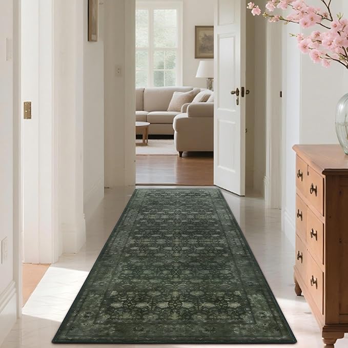 2'6x8' Washable Runner Rug for Hallway, Non Slip Vintage Floral Long Carpet Runners for Entryway, Kitchen, Bathroom, Bedroom, Low Pile Laundry Rugs Rubber Backing (Distressed Green)-BubblyBeeBaby