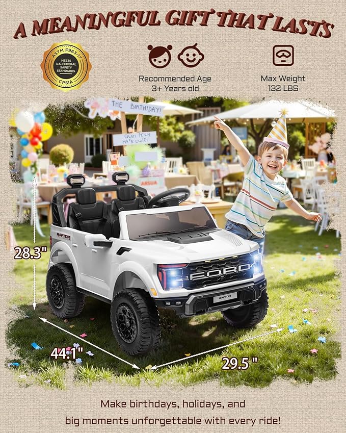 24V Kids Ride On Truck, Licensed Ford F-150 Raptor 2 Seater Electric Car w/Remote Control, Toddler Ride On Car Toys w/LED Lights, Bluetooth, Music, Truck Bed Storage, Soft Start (White)-BubblyBeeBaby