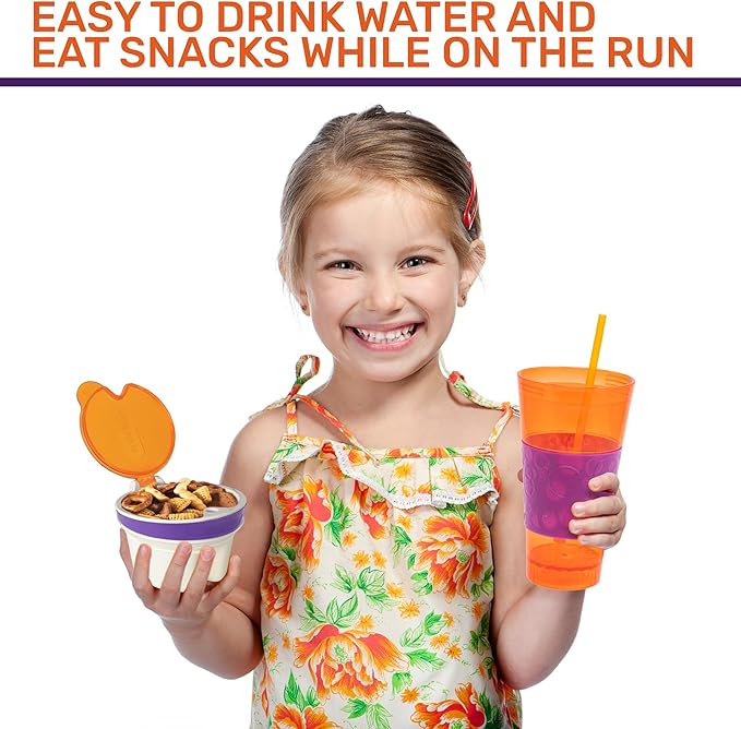 2 in 1 Snack Drink Cup Kids Spill Proof Tumbler Plastic Straw Lid Locks 16 Oz-BubblyBeeBaby