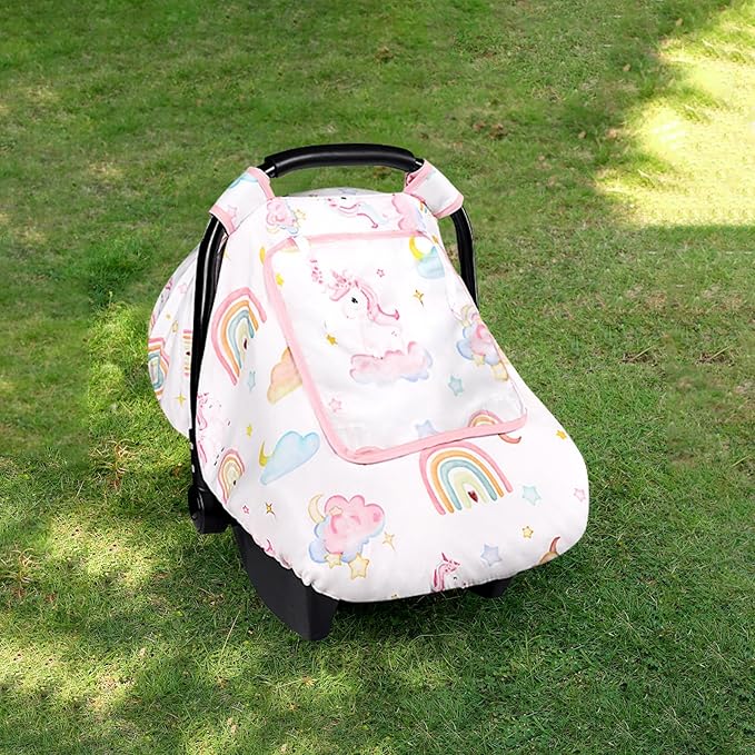 Baby Carseat Cover Girls, Pea Pod Unicorn Infant Car Seat Covers Canopy for Newborn with 2 Layers Windows of Breathable Mesh/Fabric, Lightweight Polyester/Minky Dot Backing, Snug Fit-BubblyBeeBaby