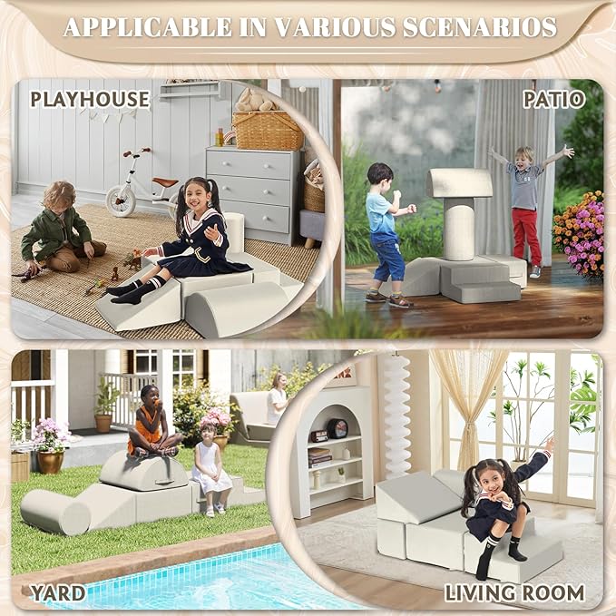 jela Foam Blocks 6Pcs Soft Play Equipment Waterproof Fabric, UV Resistant Toddler Climbing Toys Indoor& Outdoor Soft Play Climbing for Toddlers, Lightweight Climbing Blocks for Babies, Kids (Sand)-BubblyBeeBaby