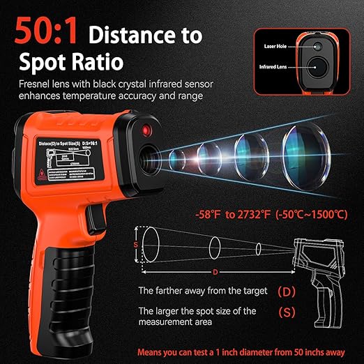 '-58°F to 2732°F Infrared Thermometer Temperature Gun with Thermocouple Probe, 50:1 Laser Temperature Gun for Humidity Measurement, BBQ, AC, High Temp Gun for Engine, Kiln, Forging, Industrial Use-BubblyBeeBaby