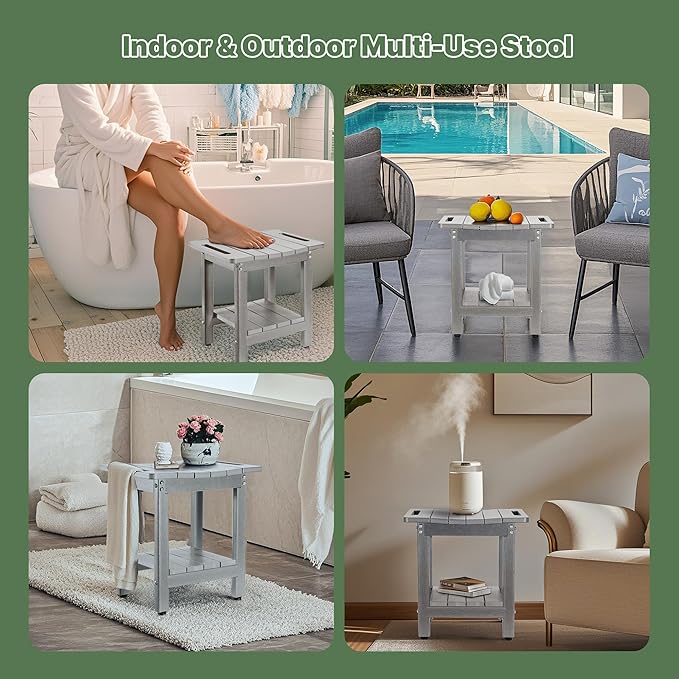 HDPE Shower Bench Seat Capacity 300LB, Waterproof Bathroom Stool with Side Carry Holes, Compact 16.8" L Design, Non-Slip Shower Seat for Elderly, Shaving Legs & Spa - Indoor/Outdoor Use (Gray)-BubblyBeeBaby