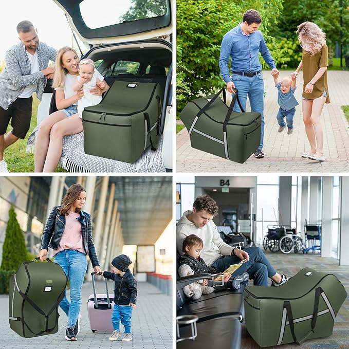 Infant Car Seat Travel Bag for Airplane Compatible with All Nuna Pipa Car Seat and Base,Chicco KeyFit 30 and Base, Padded Car Seat Bags for Air Travel,Car Seat Gate Check Bag with Side Pocket, Green-BubblyBeeBaby