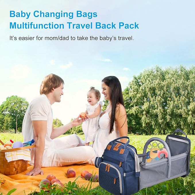 Jeryswet Baby Diaper Bags with Changing Station, Waterproof Large Capacity Diaper Bag Backpack for Moms Dads with USB Charging Port and Stroller Straps, Baby Shower Gifts, Blue-BubblyBeeBaby