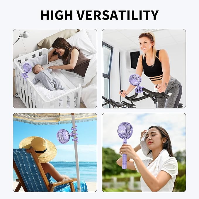 AMACOOL Battery Operated Stroller Fan Flexible Tripod Clip On Fan with 3 Speeds and Rotatable Handheld Personal Fans for Car Seat Crib Bike Treadmill (Purple)-BubblyBeeBaby