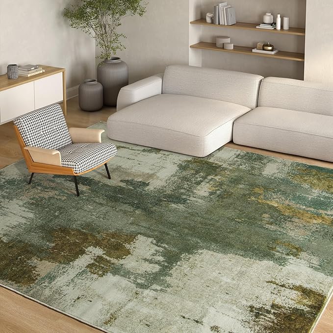 Kelarea Living Room Rug, 9x12 Rug Modern Abstract Washable Rugs, Green Vintage Low Pile Carpet, Non Slip Large Rugs for Bedroom, Dining Room, College Dorm, Home Office-BubblyBeeBaby