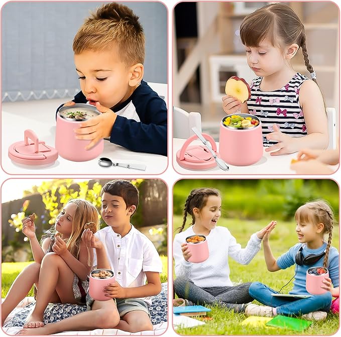 20oz Insulated Vacuum Food Jar with Buckle Lid,Soup Thermo for Hot Food Kids,Wide Mouth Leakproof Stainless Steel Lunch Container with Spoon-Pink-BubblyBeeBaby