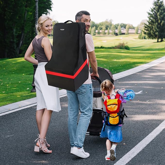 Car Seat Travel Bag - Padded, Comfortable, Durable, Roomy Gate Check Carseat Cover Backpack Fits 3-in-1,Convertible, Booster & Infant Car Seats for Airplane, Airport, Red-BubblyBeeBaby