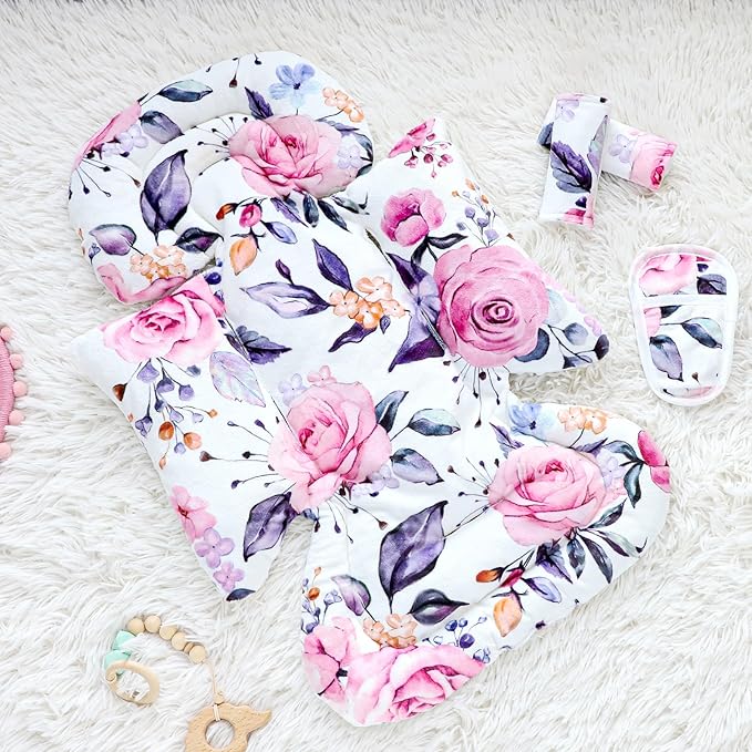Pea Pod Infant Car Seat Insert with 3 Strap Covers, 3 in 1 Reversible Floral Baby Car Seat Head Support for Newborn, 3D Soft Minky Carseat Cushion for Preemie to Infant, Stroller, Swing, Bouncer-BubblyBeeBaby