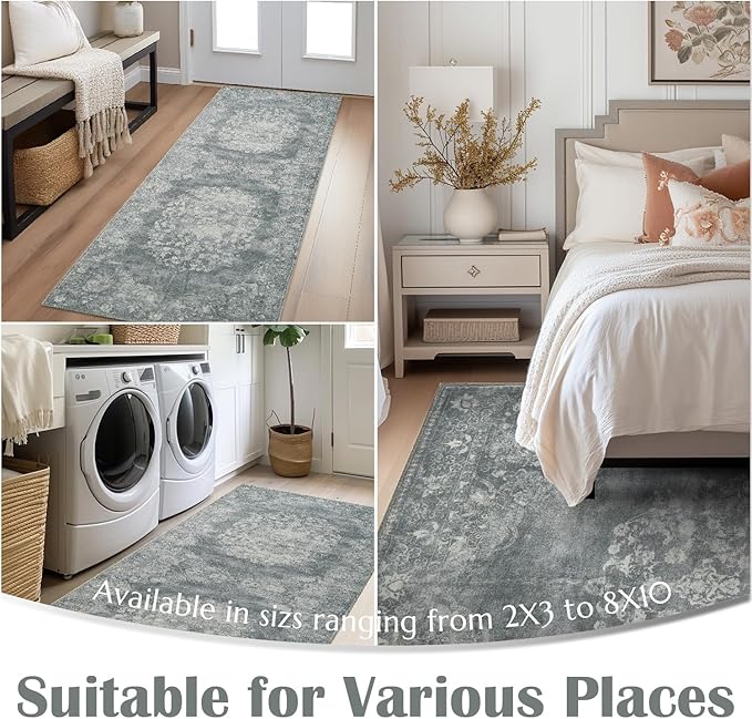 jinchan Floral 2x3 Rug for Entryway - Vintage Washable Area Rug Ultra-Thin Low Pile Soft Small Non-Slip Distressed Indoor Doormat Accent for Entrance Kitchen Bedroom Bathroom (2x3ft,Grey)-BubblyBeeBaby