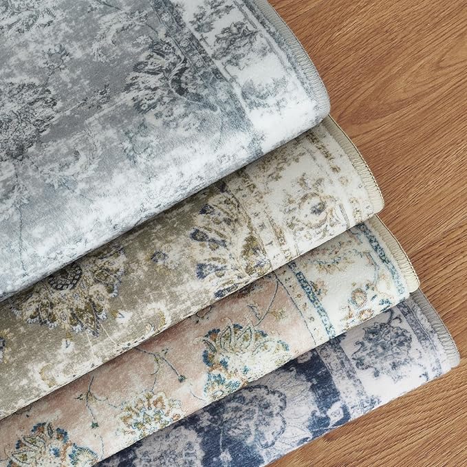 jinchan Hallway Runner Rug 3x8 Washable Runner - Vintage Floral Non Slip Low-Pile Soft Thin Faux Wool Kitchen Rug Distressed Carpet for Farmhouse Bedroom Laundry Room(3x8ft,Dark Blue)-BubblyBeeBaby