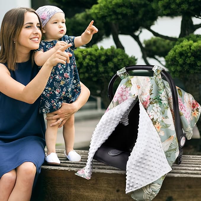 Car Seat Cover Baby, Flroal Infant Car Seat Canopy Covers for Newborn Girls Boys, Soft Breathable Minky Carseat Covers Stretchy Multi-Use Nursing Cover for Stroller Baby Car Seat, Green Leaf-BubblyBeeBaby