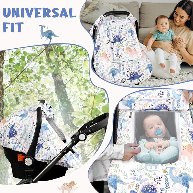 Pea Pod Car Seat Cover Baby Boy, Infant Car Seat Canopy Covers for Newborn with 2 Layers Windows of Breathable Mesh Fabric, Lightweight Polyester/Soft Minky Dot Backing-BubblyBeeBaby