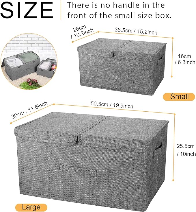 2 Pack Storage Boxes with Lids and Handles, Collapsible Linen Storage Bins Organizer Containers Baskets Cube with Removable Divider for Home Bedroom Closet Office (Cream, Large)-BubblyBeeBaby