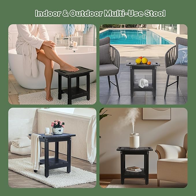 HDPE Shower Bench Seat Capacity 300LB, Waterproof Bathroom Stool with Side Carry Holes, Compact 16.8" L Design, Non-Slip Shower Seat for Elderly, Shaving Legs & Spa - Indoor/Outdoor Use(Black)-BubblyBeeBaby