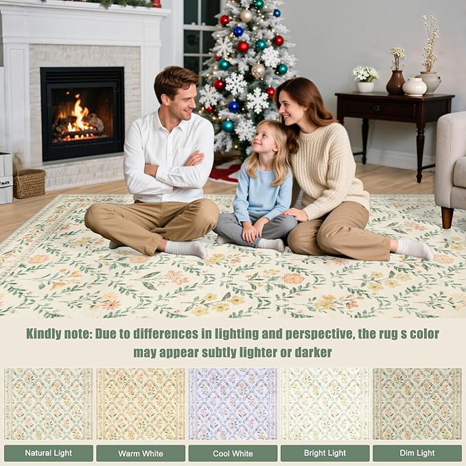 10x14 Area Rugs for Living Room: Floral Washable Rug Vintage Large Soft Boho Non-Slip Carpet Stain Resistant Low Pile Carpets for Bedroom Dining Room Farmhouse Nursery Hallway Home Office Beige/Multi-BubblyBeeBaby