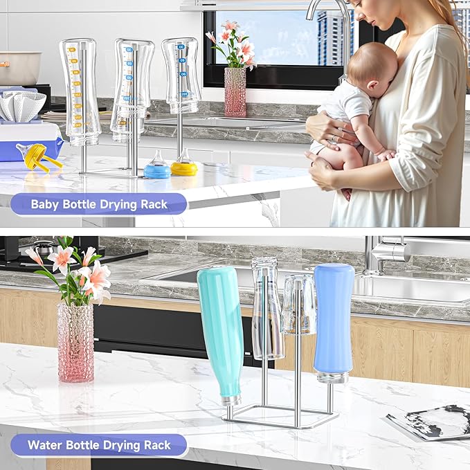 Water Bottle Drying Rack Reusable Bottle Rack Dryer Kitchen Stand Holder Stainless Steels Countertop Baby Bottle Drying Rack Water Cup Drying Rack for Plastic Bags, Bottles and Cups Silver-BubblyBeeBaby