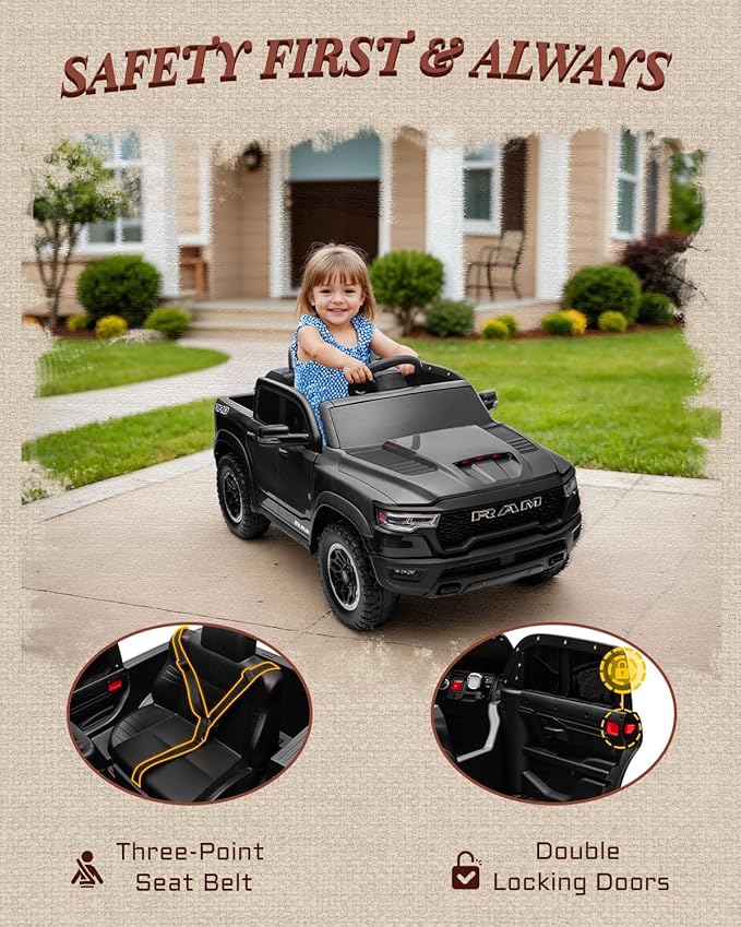 12V Licensed Ram 1500 Ride on Toy for Kids, Toddler Ride on Pickup Truck with Parent Remote Control, Electric Car for Kids with Truck Bed Storage, 3 Point Safety Belt (Black)-BubblyBeeBaby