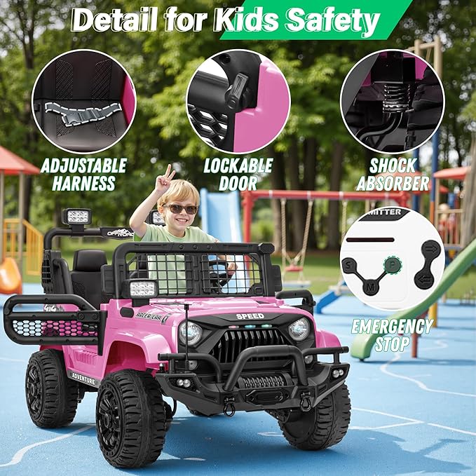 2 Seater Ride On Car Truck with Remote Control XL, Kids 24V Battery Powered Electric Vihicle w/21 in Seat, 3 Speeds, 2WD/4WD Switichable, Shock Absorbers,Bluetooth, Flower, Gift Choice-BubblyBeeBaby