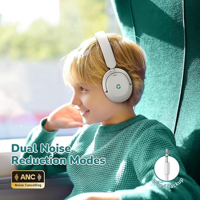 iClever BTH20 Active Noise Cancelling Headphones for Kids, 60H Play Time,Type C Fast Charging,Safe Volume 80dBA,Bluetooth5.4,Award-Winning Kids Headphones Wireless for iPad Tablet Airplane,White&Green-BubblyBeeBaby