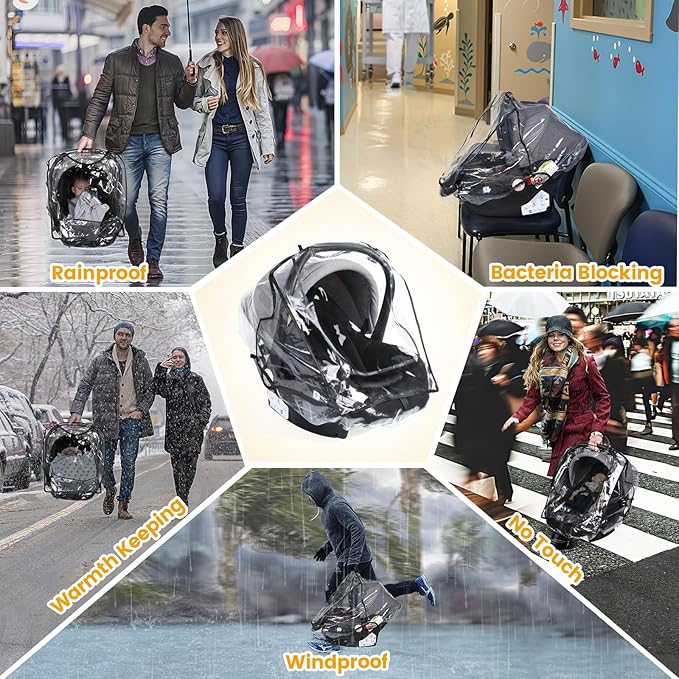 Car Seat Rain Cover Universal, Food Grade EVA, Waterproof Weather Shield for Infant Car Seat with Storage Bag, Baby Car Seat Stroller Rain Cover Features Side Ventilation, Quick-Access Roll-Up Door-BubblyBeeBaby