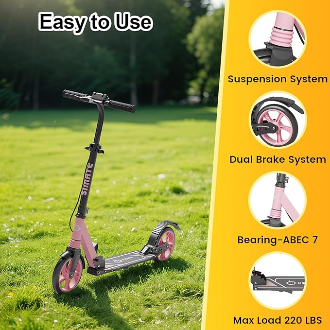 Kick Scooter for Kids Teens & Adults, 4 Adjustable Heights, 8IN All Terrain Big Wheels, Dual Brakes & Dual Suspension, Foldable and Lightweight, Gifts for Girls Boys-BubblyBeeBaby