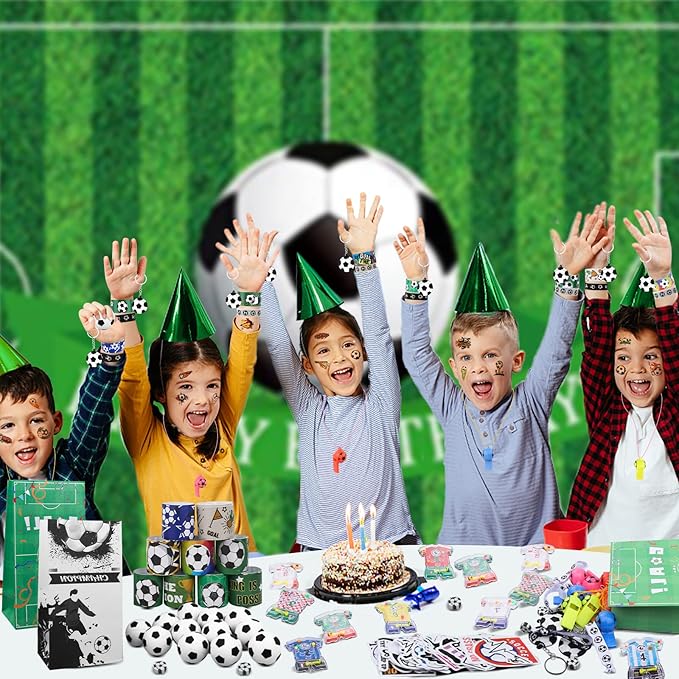 158Pcs Soccer Party Favors - Bags, Whistles, Balls, Slap Bracelets, Keychains, Stickers, Tattoos for Party Goodie Bags-BubblyBeeBaby