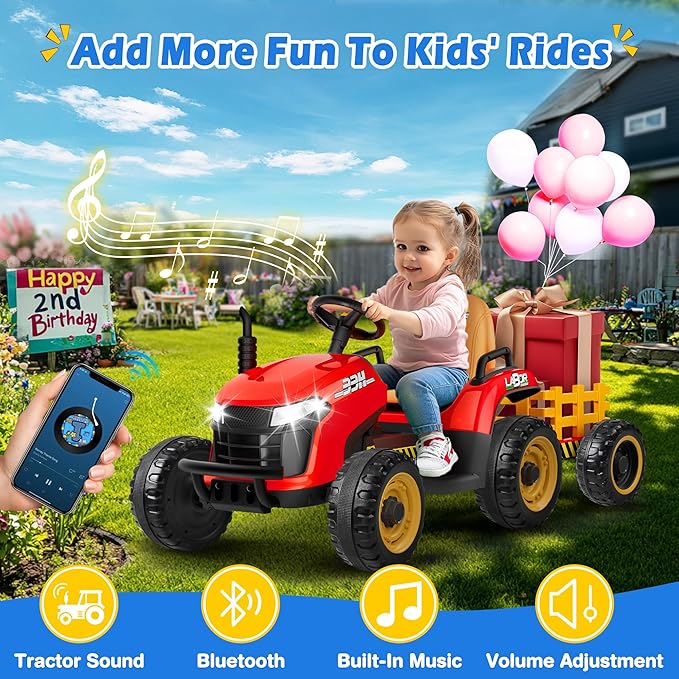 24V Ride On Tractor w/Tiltable & Detachable Trailer, 2x65W Motors, EVA Tires, Remote Control, Bluetooth, Shifter, Music, Electric Car for Kids Ages 2-5, Red-BubblyBeeBaby