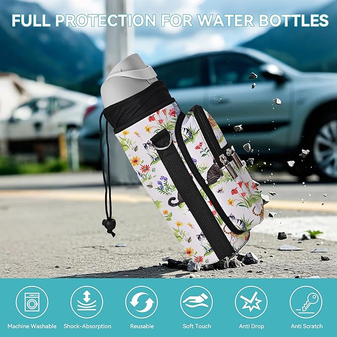 25/32/40/64oz Water Bottle Bag Holder Carrier-Insulated Crossbody Sling Case Sleeve with Strap & Pockets for Men Women Gym Cycling Travel Walking Hiking Camping-BubblyBeeBaby